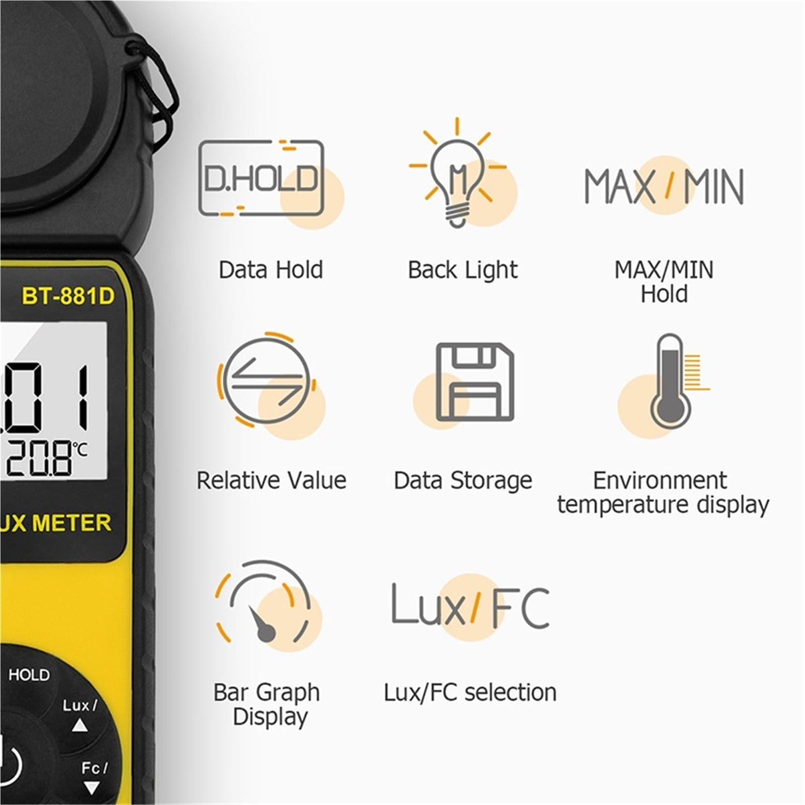 Espectro de luz, Medidor de luz portátil iluminancia digital, 0,1~400.000 Lux, sensor giratorio 270º for plantas, probador luces LED