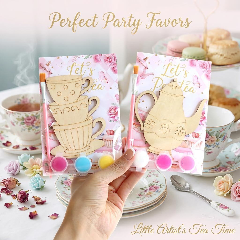 12 Pack Tea Party Favors for Girls, Floral Themed DIY Wooden Painting Craft Kits, Individually Wrapped Goodie Bag Fillers, Par-tea Birthday Party Decorations & Supplies
