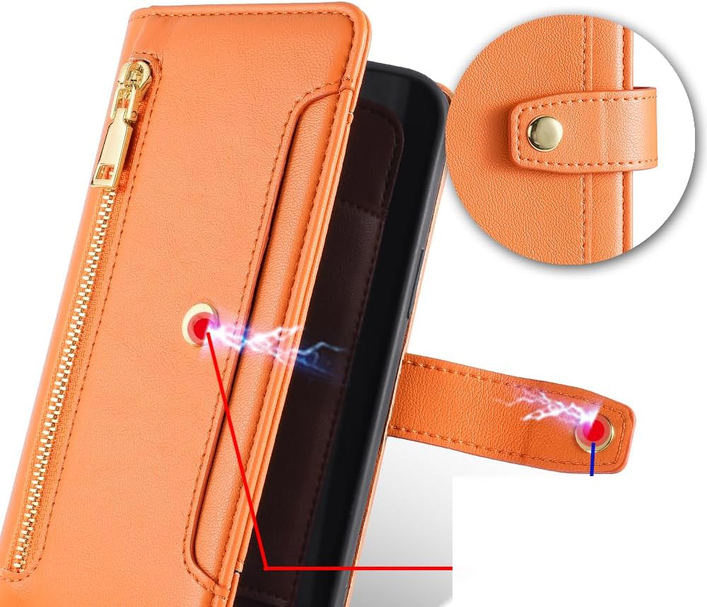 Compatible with Kyocera Android One S8 Flip Kickstand Lanyard Zipper Card Slot Wallet Case Orange