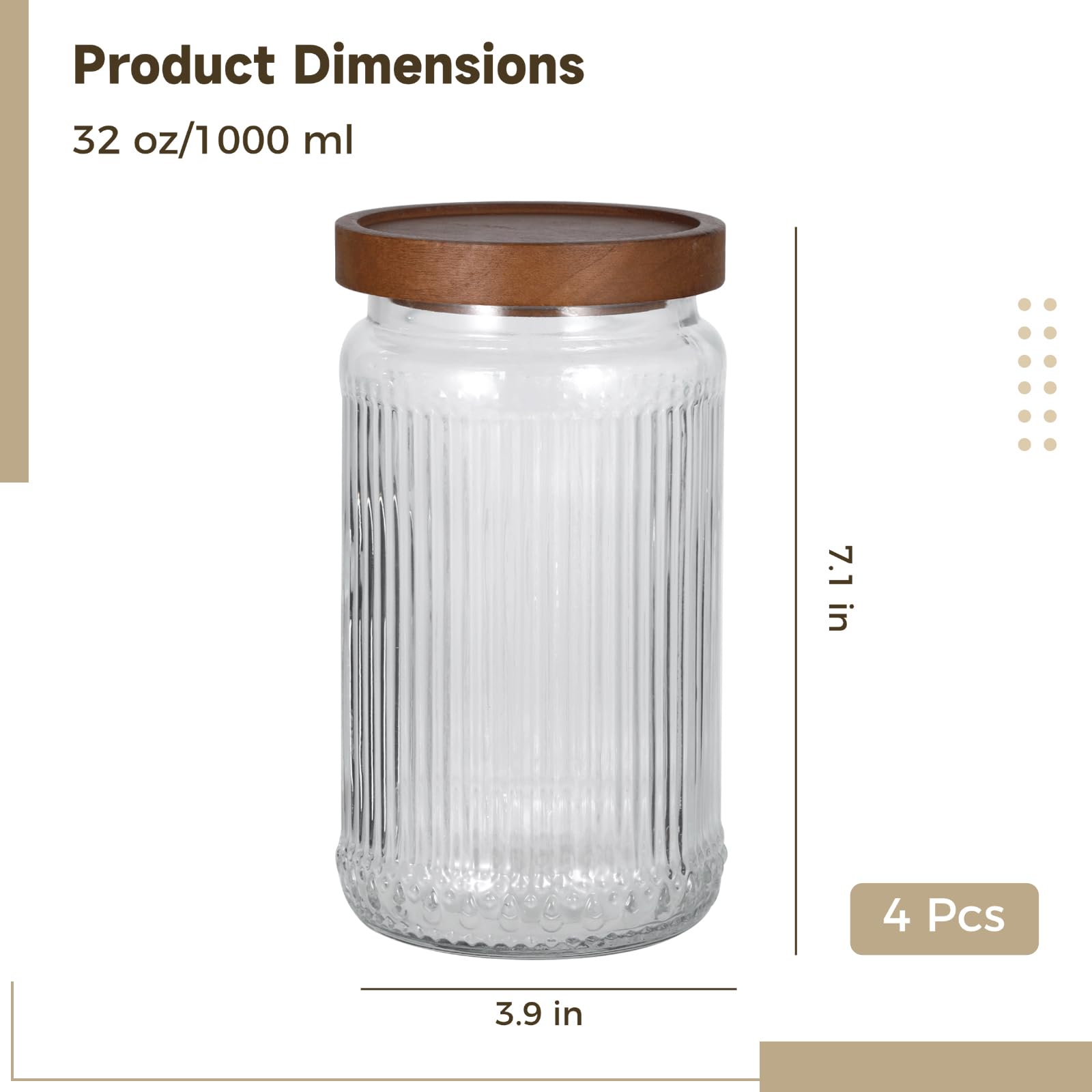 Geriffelte Gläser mit Holzdeckel, 900 ml, 4 Stück, groß, luftdicht, Vintage-Frischhaltedosen für Getreide, Kaffeebohnen, Tee, Zucker,