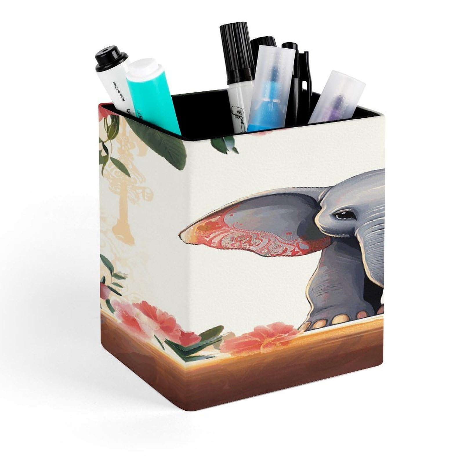FekiLoot Lucky Elephant Pen Holder Personalized Desktop Pencil Holders Case Office Accessories Container Box for Square Pen Cup Desktop Organizer Makeup Brush Holder Caddy Storage