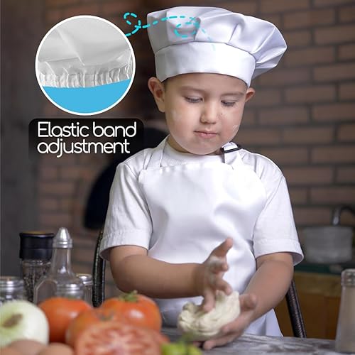 Miniatura 5 de 4 piezas de sombrero y delantal de chef para niños, delantales de cocina para niños incluyen 3 delantales blancos y 1 negro con sus sombreros,