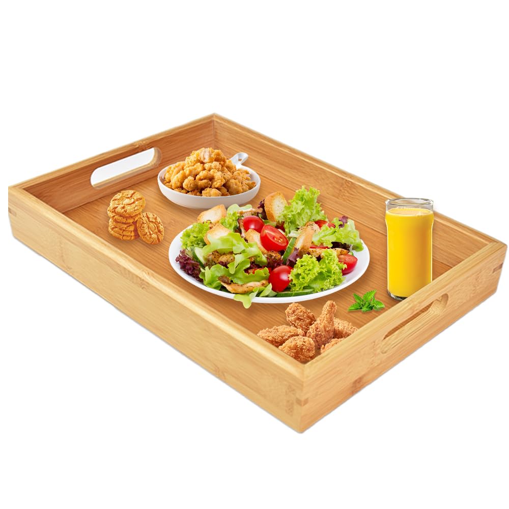 ADERTOS Bamboo Serving Tray with Handles, Wooden Serving Platter Tray Small Rectangular Wood Trays Kitchen Nesting Tea Trays Board for Drinks - Small, 30 x 20 x 3.8 cm