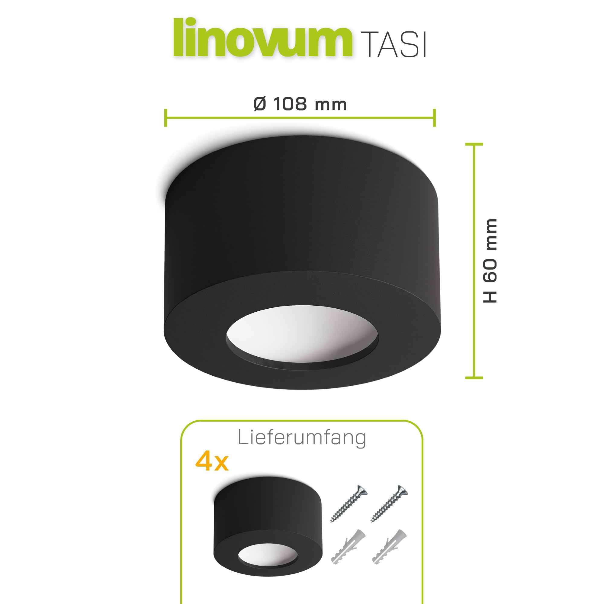 linovum TASI Aufbauspot schwarz rund flach Ø108mm 6W warmweiß Lichtfläche | Flacher Deckenspot schwarz - gewölbte Leuchtfläche, warmweiß, für Wohnzimmer, Flur & Büro, direkt an 230V, festverbaute LED