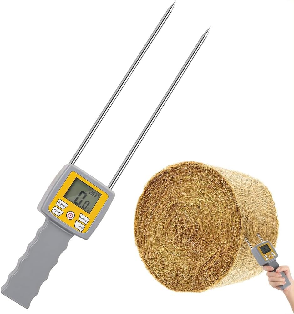 Digital Grain Humidity Tester, Portable Dual Probe Hay Moisture Meter with Temperature & Humidity Compensation, ±0.5% Measurement Accuracy and 0~84% Measuring Range for Monitoring Hay Quality