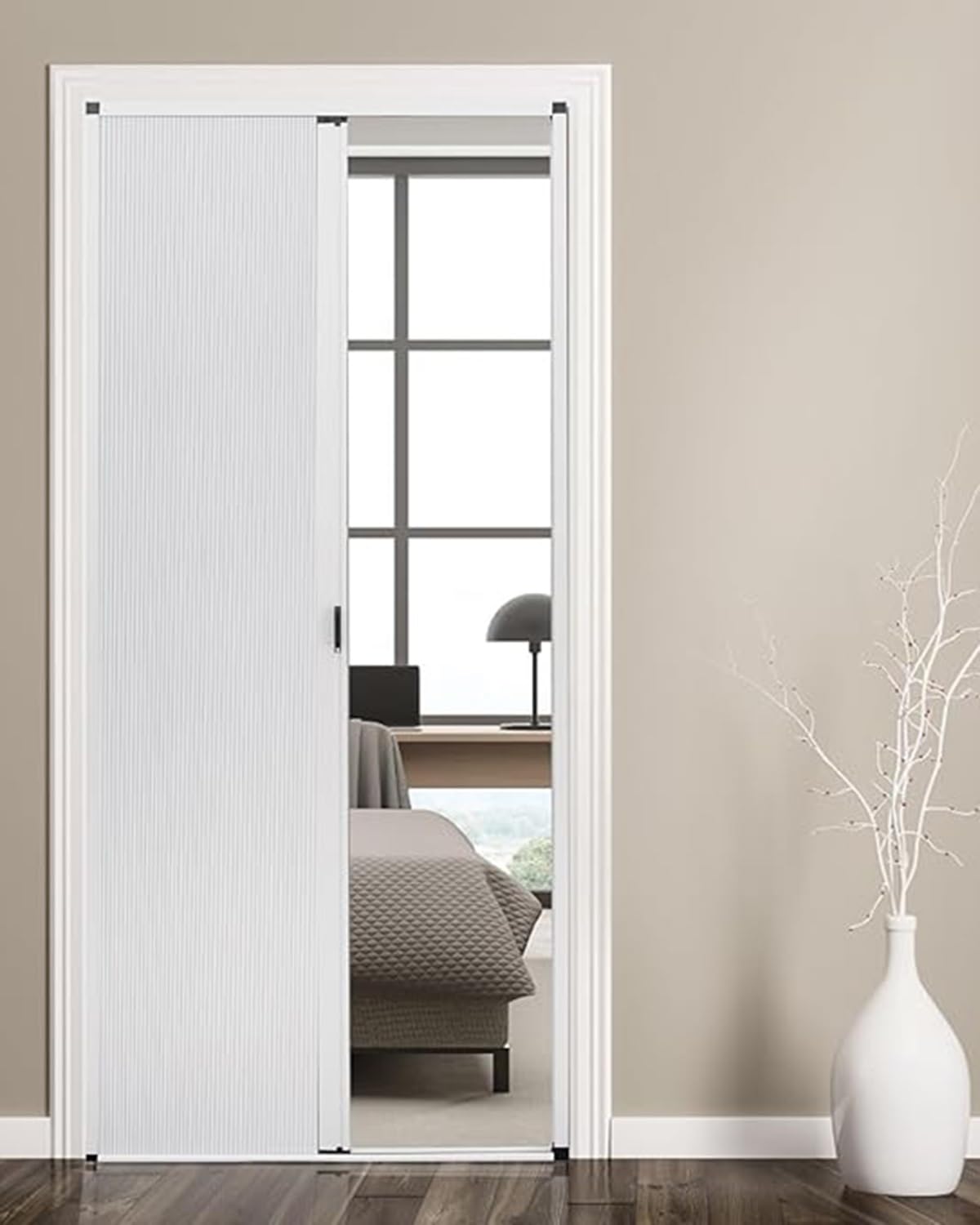 Enhen One Color Concertina Door Custom Size White Folding Accordion Doors - Cellular Fabric& Aluminum Frame, No-Drill Folding Cupboard Doorway Door, Temporary Sliding Room Divider Gate(54X80in(137.2X203.2cm))