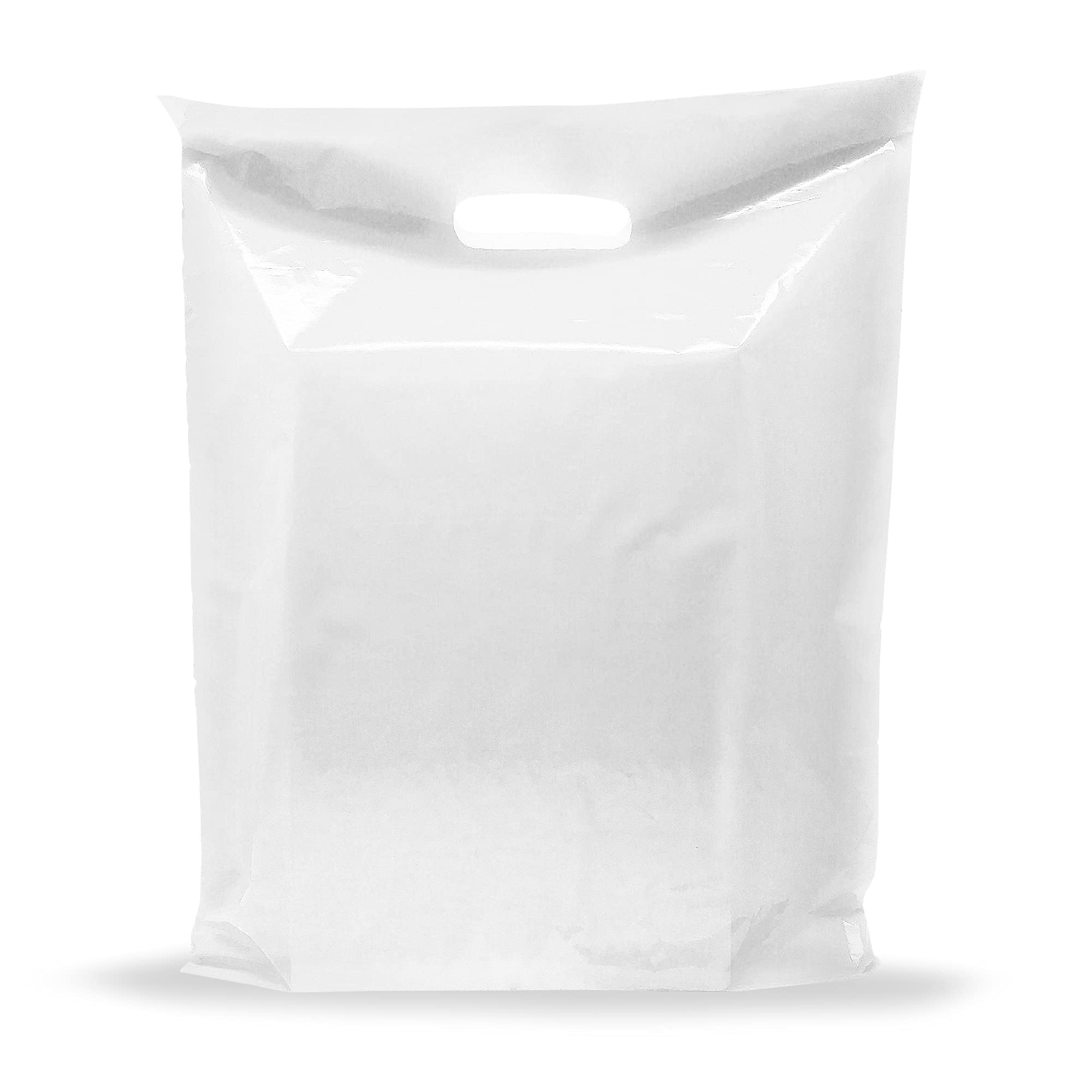 100 Pack White Merchandise Plastic Shopping Bags 12" x 18"with 2 mil Thick - Die Cut Handles. Perfect for Retail Shops, Party Favors, Birthdays, Children Parties - 100% Recyclable