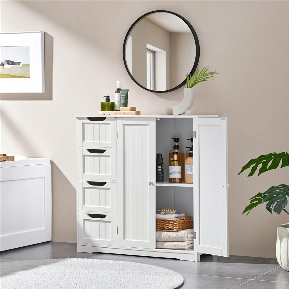 Yaheetech Armario Baño de Suelo Mueble Baño con 4 Cajones Mueble Auxiliar Cómoda Armario con 2 Puertas, Estante Ajustable 81x30x83 cm Blanco
