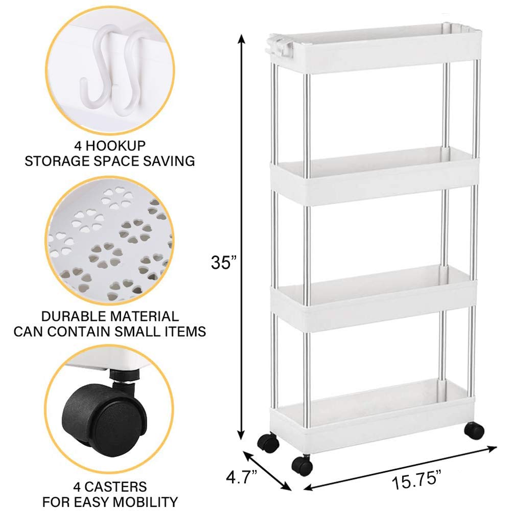 Slim 4 Tier Storage Cart Mobile Shelving Unit Organizer Slide Out