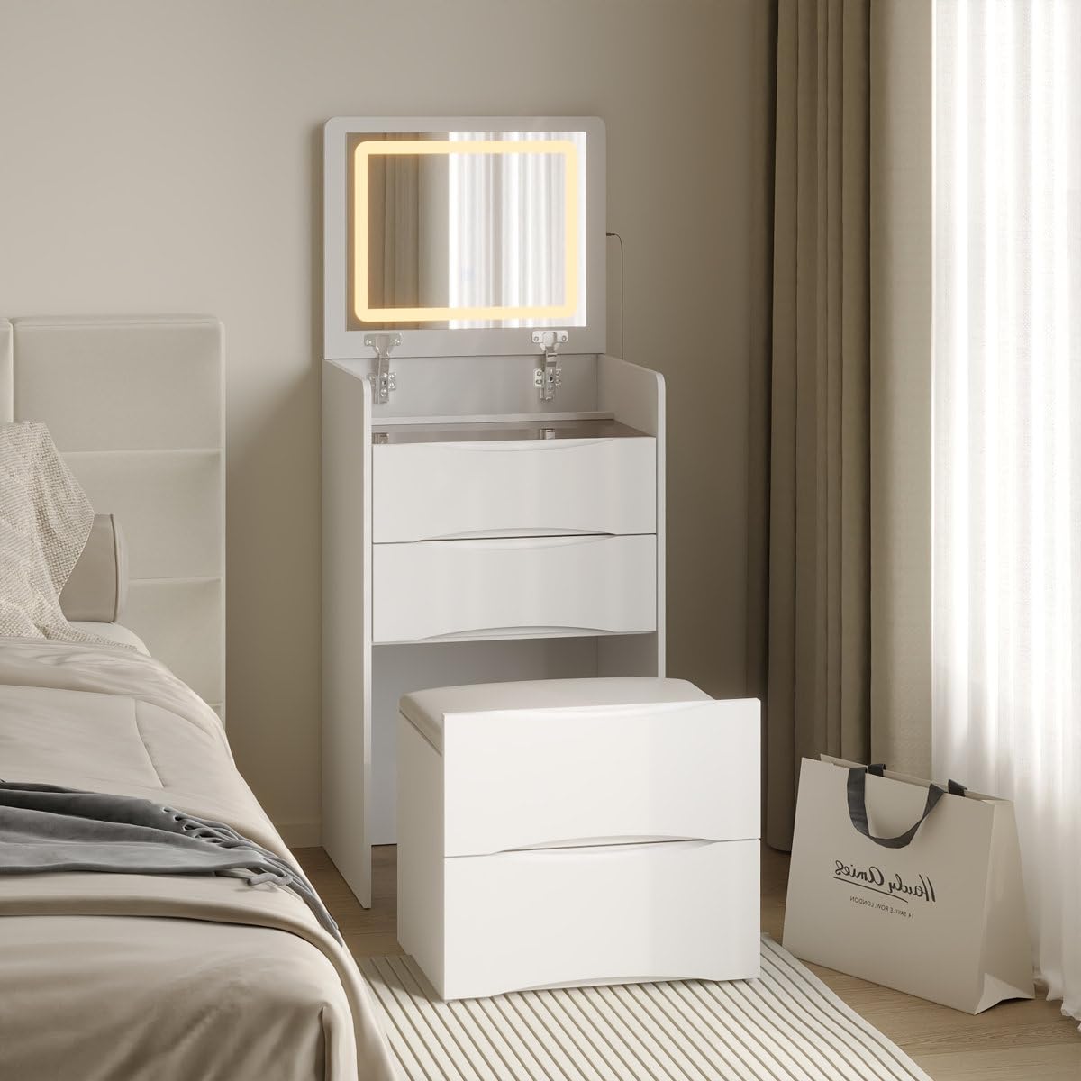 Ozone Furniture Engineering Wood Modern White Flip-Top Vanity Table Set | Lighted Mirror, Wave-Front Drawers, Matching Stool, Storage Included, Flip-Top Design-image-26
