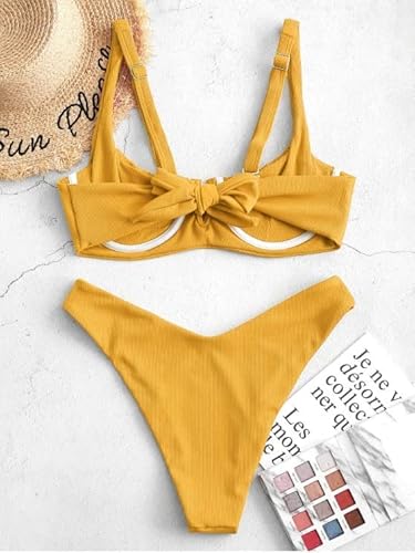 Zaful Womens Smocked Underwire Push Up Bikini Ribbed V Wired Swimsuit High Cut Bikini Swimwear #TOP3