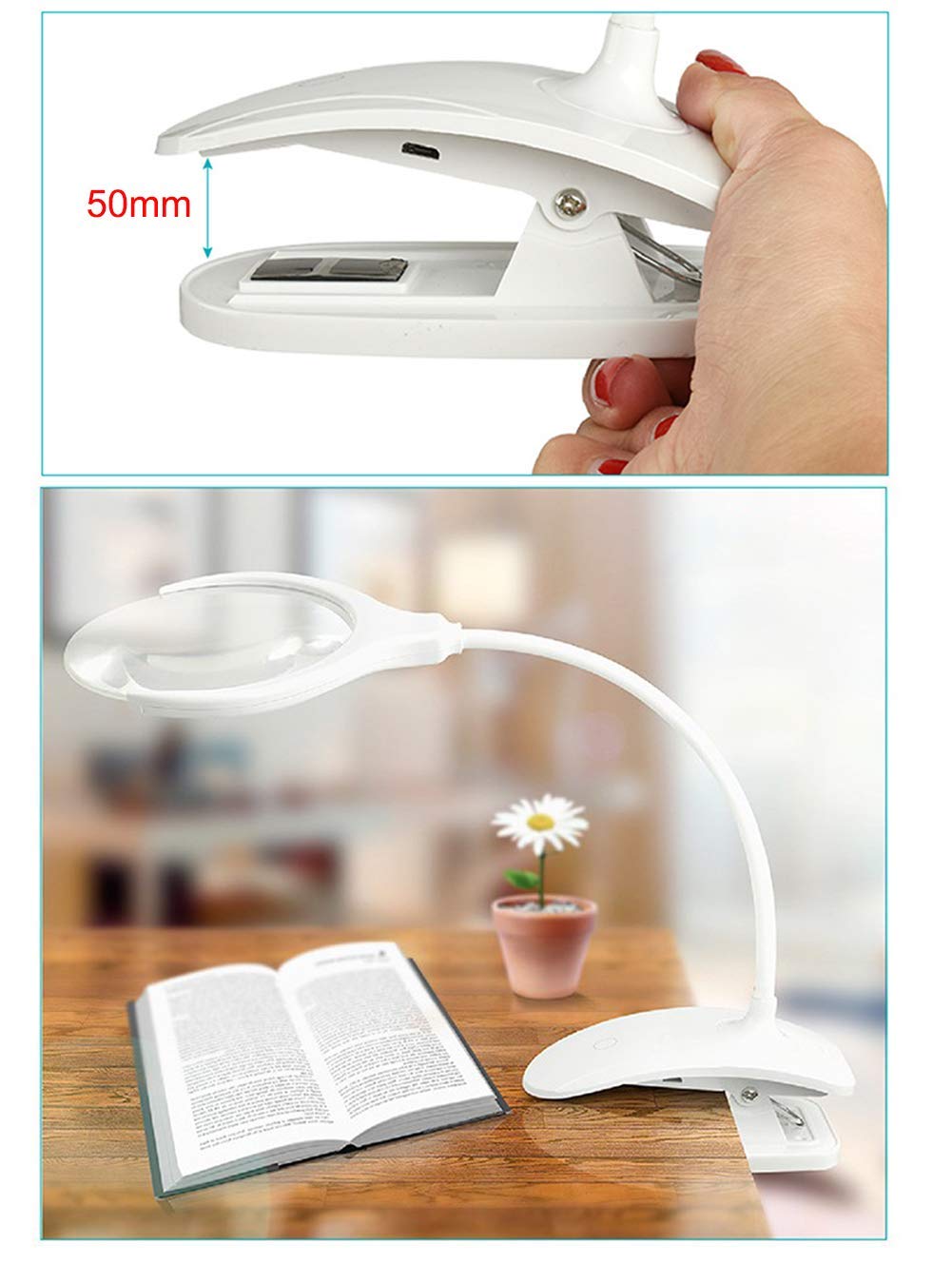 Lámpara con Lupa Y Pinza: Lente Led Regulable, Luz De Trabajo con Brazo Giratorio Ajustable De 3X A 8X, Lupa De Escritorio.