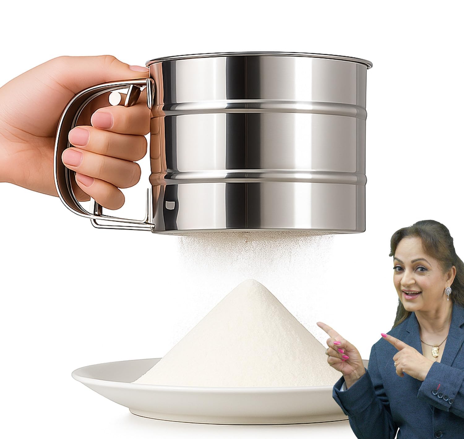 PANCA Stainless Steel Flour Sifter Atta Channi with Handle | Manual Hand Press Flour Sieve Cup for Baking, Maida, Atta, Sugar & Powder Ingredients | Chalni Channi Strainer Filter Duster-image-24