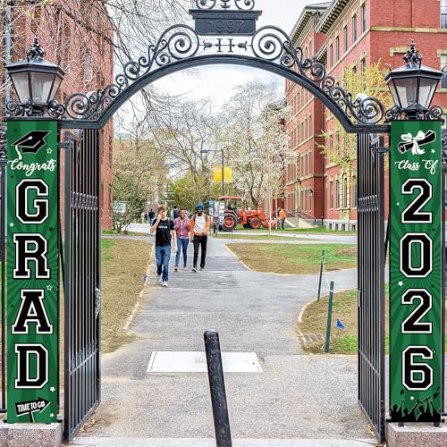 Image of Graduation Banner 2026 Graduation Decorations Green and Black Grad Banner Porch Sign Class of 2026 Door Decor Congrats Hanging Backdrop Green Grad Party Decor for School Congratulations Supplies
