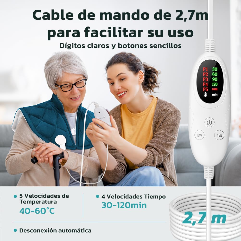 Almohadilla Térmica Cuello con Calentamiento Rápido, Temperatura Ajustable (40-60°C), Uso para Cuello, Hombros y Espalda, Apagado Automático y Lavable a Máquina, 55x45