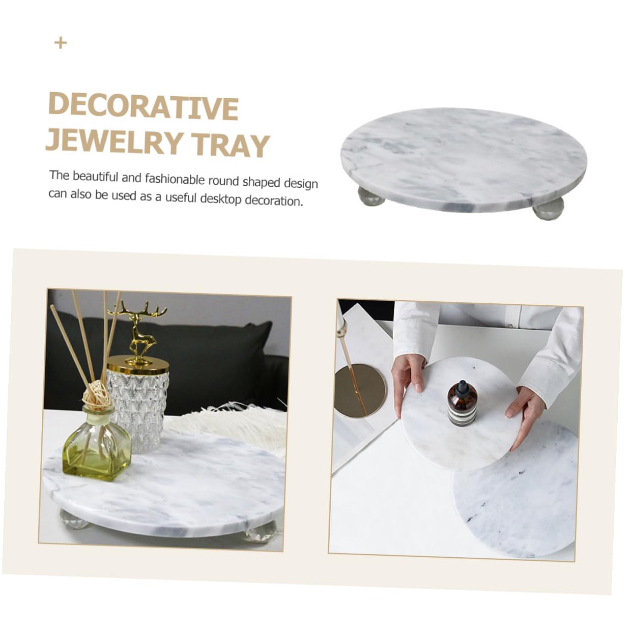 TOYANDONA Bandeja de Mármol Natural Redonda Multifunción Hogar, Porta Frutas y Joyas, Bandeja de Almacenamiento Decorativa para Baño y Exhibición, Estilo Nórdico, Tamaño Mediano