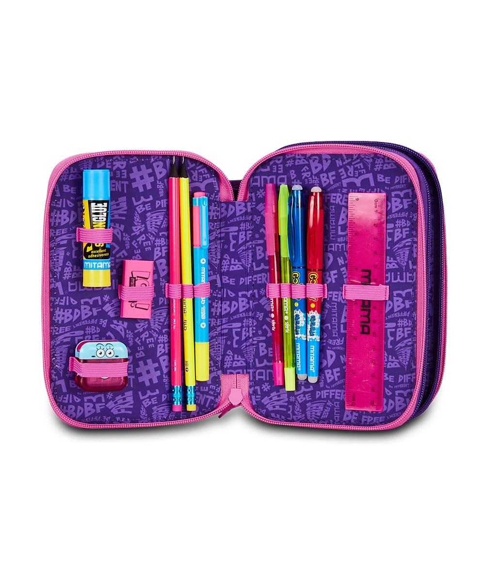 Mitama Astuccio Scuola 3 Scomparti, HEY DYE, Contenuto 47 pz, Completo di Matite, Pennarelli, Portapenne Scuola Elementare Bambina
