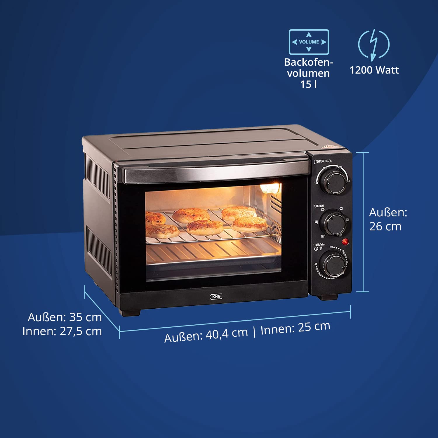 KHG Minibackofen MBO-15S in schwarz mit Umluft, Ober-/Unterhitze, 15l Garraum, Brotbackofen, inkl. 6 Funktionsstufen, Timer, Innenbeleuchtung, Backblech, Entnahmegriff, Grillrost