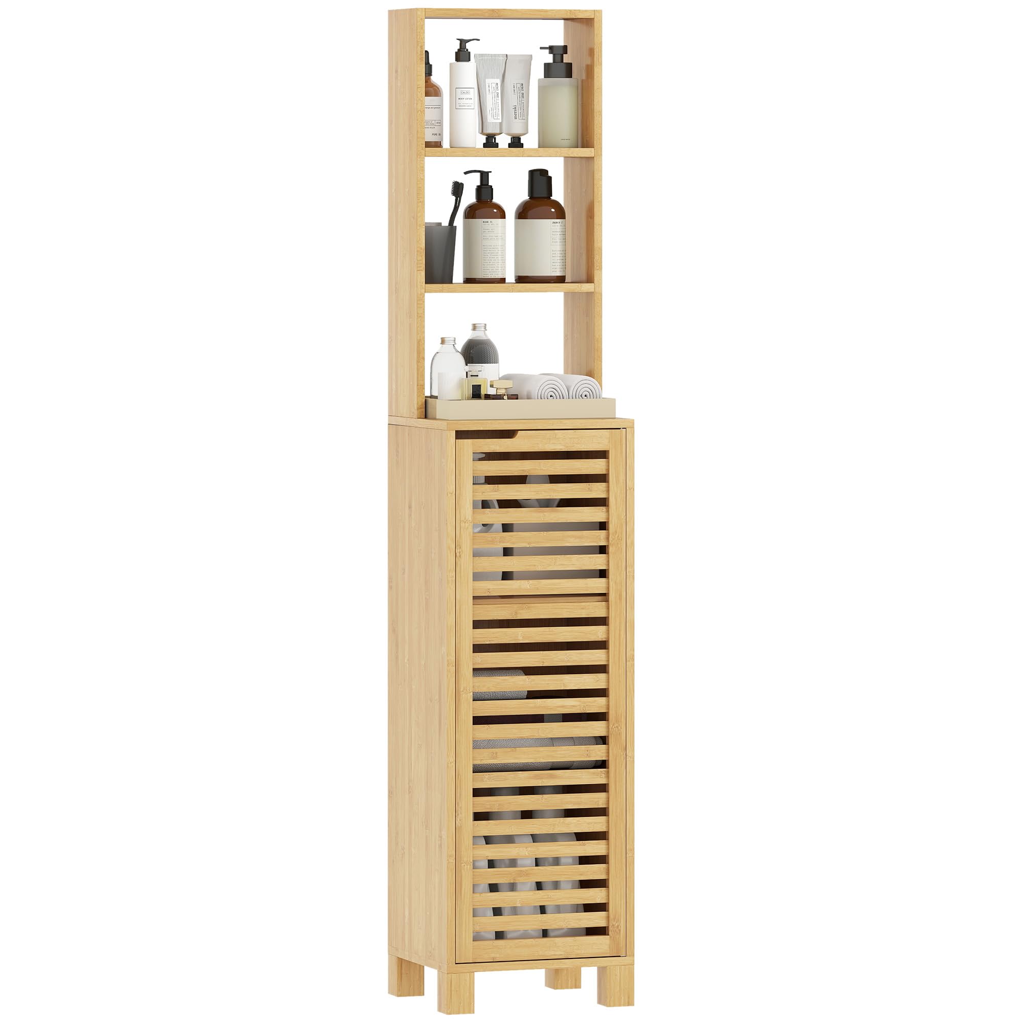 HOMCOM Badezimmerschrank schmal, Hochschrank | Drei offene Regale, Lamellentür, Bambus Finish