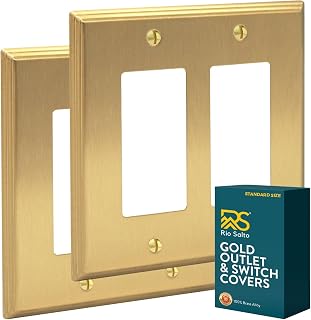 Rio Salto BRASS Deco Collection Double Rocker Outlet Cover Light Switch Plate Wall Plates 4.56" X 4.5", Real Brass Brushed Brass Gold, 2 Pack, Decorative Luxury Premium Wall Plate - Standard Size