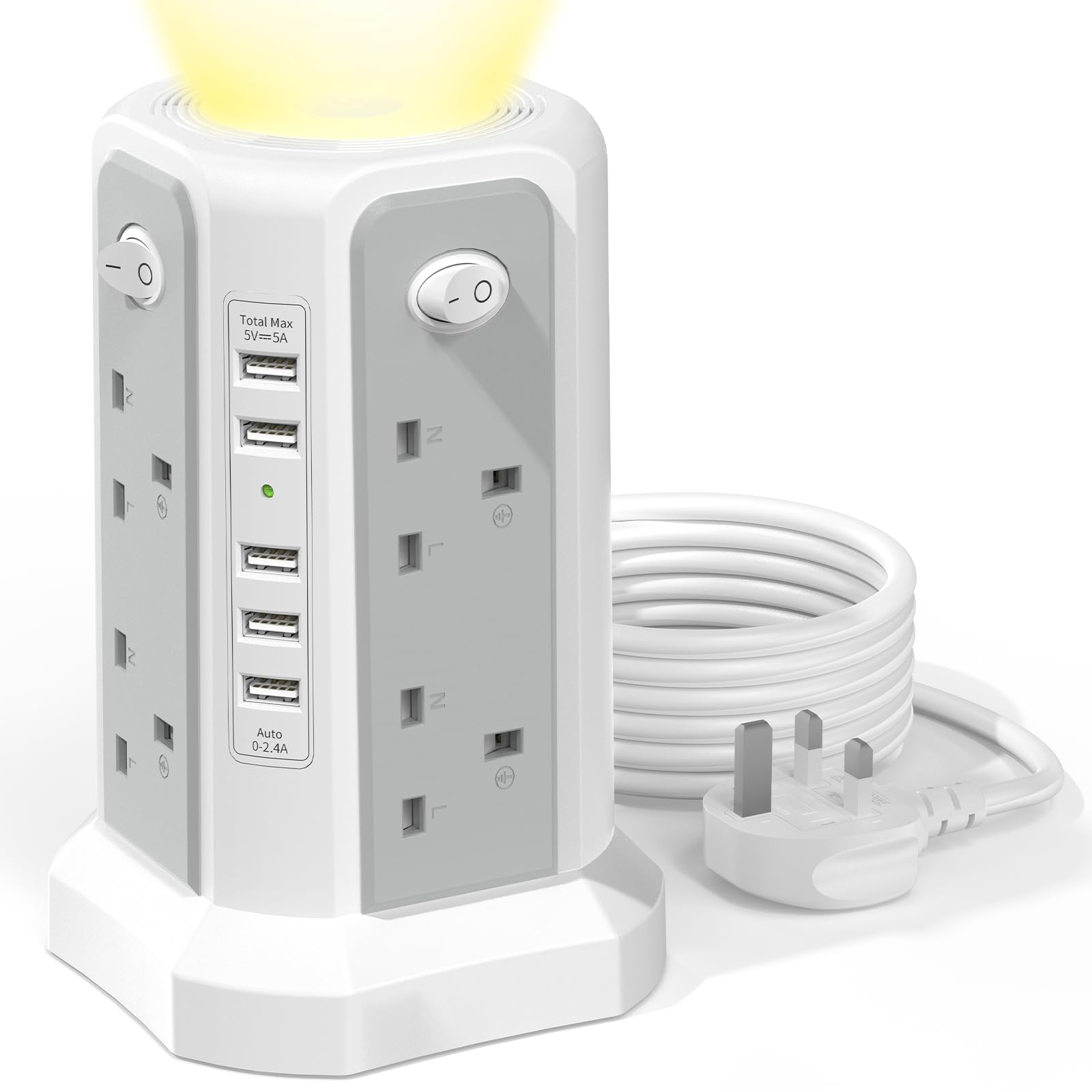 Tower Extension Lead 3M and Night Light, 5 USB Ports & 8 Way Plug Extension Tower