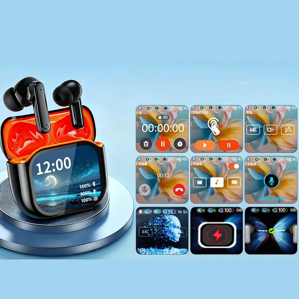 Auriculares inalámbricos con Pantalla y Puerto de Carga USB Tipo C para Disfrutar en Parques de Atracciones. Auriculares intrauditivos inalámbricos, Negro Naranja