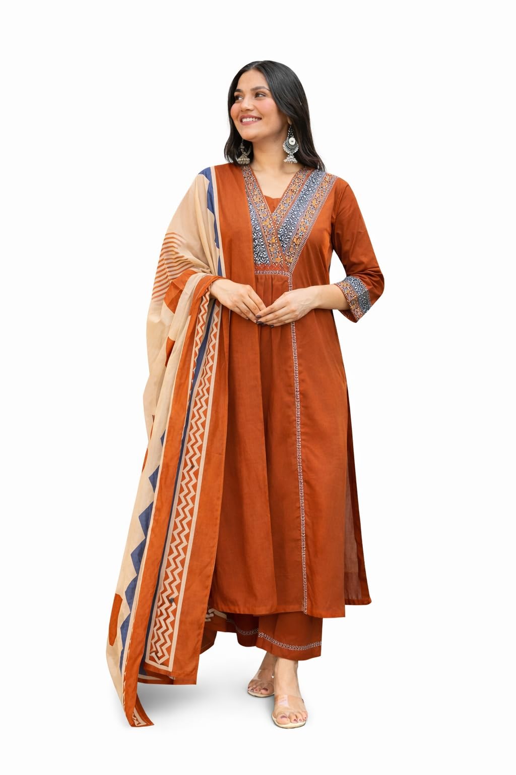 Women Jaipuri Cotton Kurta Set with Pant and Printed Dupatta | V Neck Printed Lace Kurti Set | Ethnic 3 Piece Kurta Pant Dupatta Set for Women-image-30