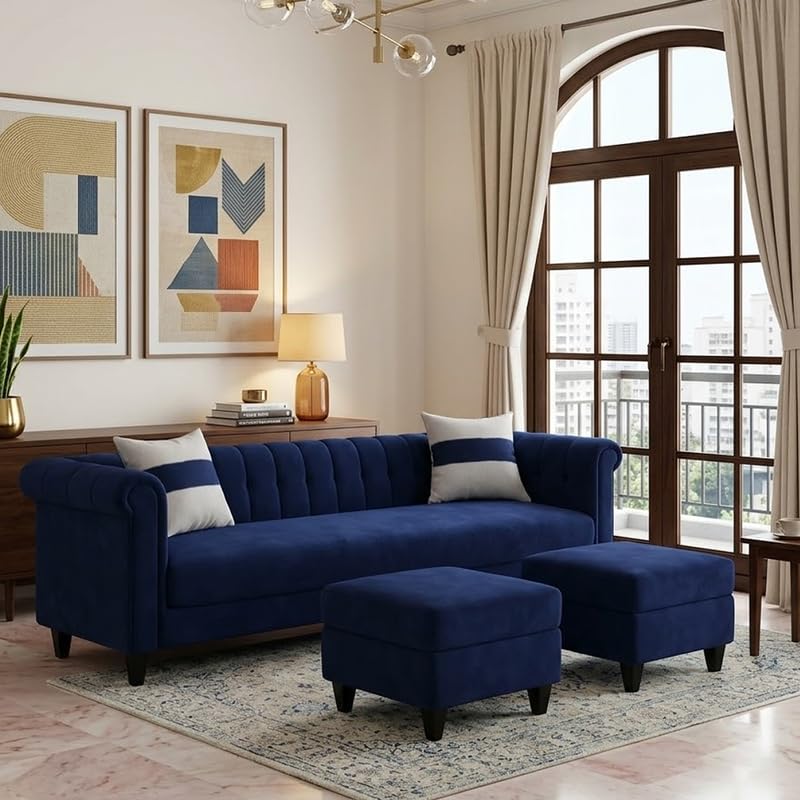 Ronaldo Plush Velvet 3 Seater Sofa Set | Silken Velvet Suede Upholstery | Designer Sofa for Compact Living Room & Office Spaces (Dark Blue)-image-21