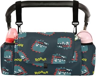 CUPADA Universal Baby Stroller Organizer Bag Cute Dinosaur Drawn Pattern, Stroller Organizers with Insulated Cup Holders Childish Cartoon Detachable Shoulder Strap Storage Carrying Diaper and Snacks