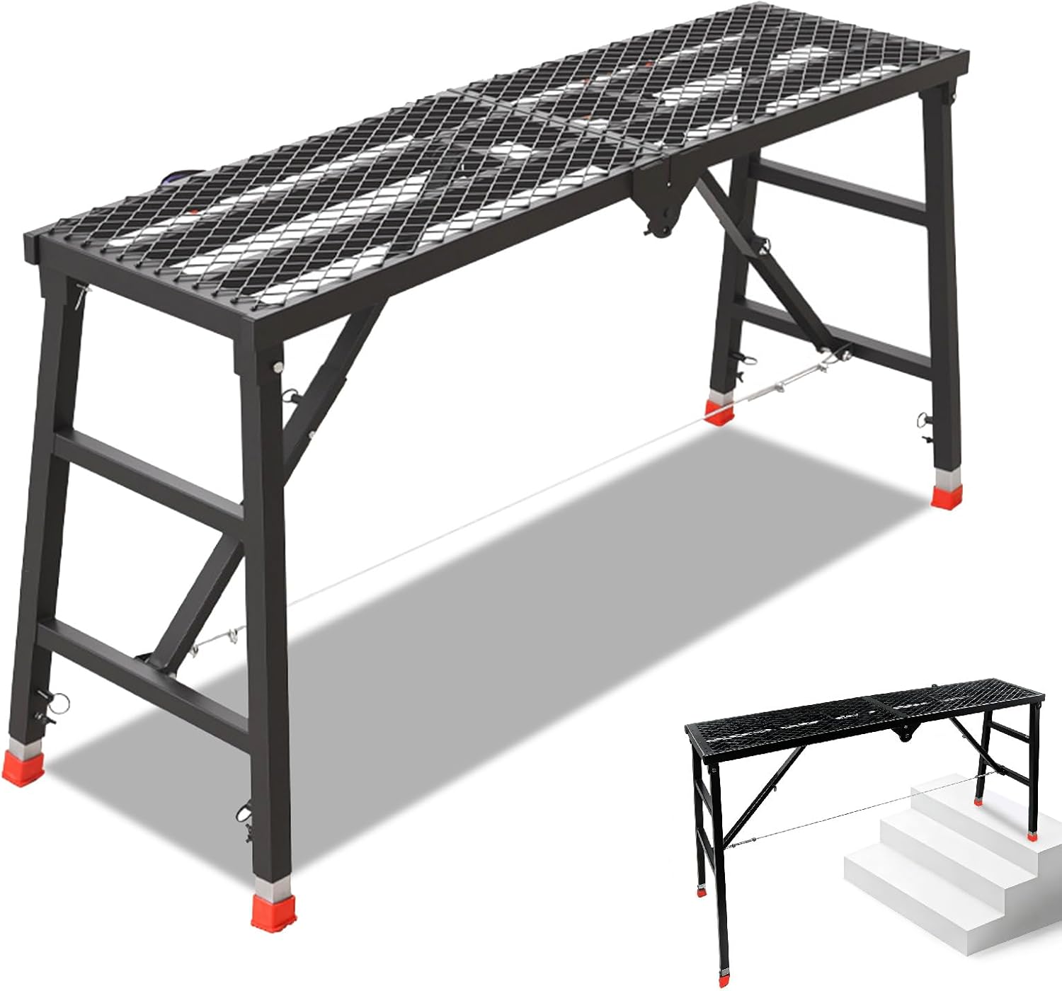 Foldable Scaffolding Platform, 70.9x15.8x35.8-61.4 Inch Heavy Duty Portable Work Platform with Adjustable Legs, 770 Lbs Capacity Platform Ladder for Stairs & Uneven Ground, Home Improvement