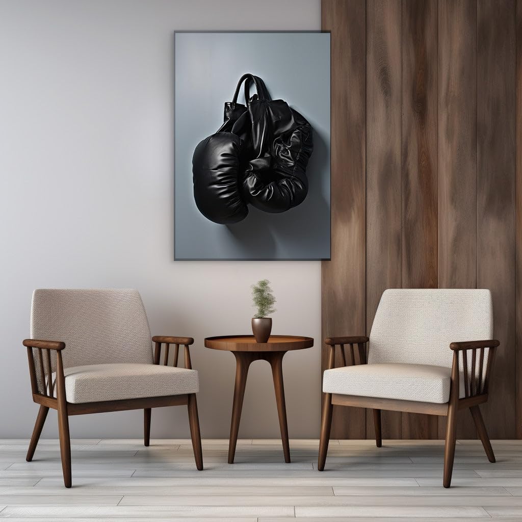 Canvas for Living room. Battle-Ready Black Leather Boxing Gloves - Poised for the Next Challenge, 27 x 18 inch Canvas Wall Art - Modern Home Decor