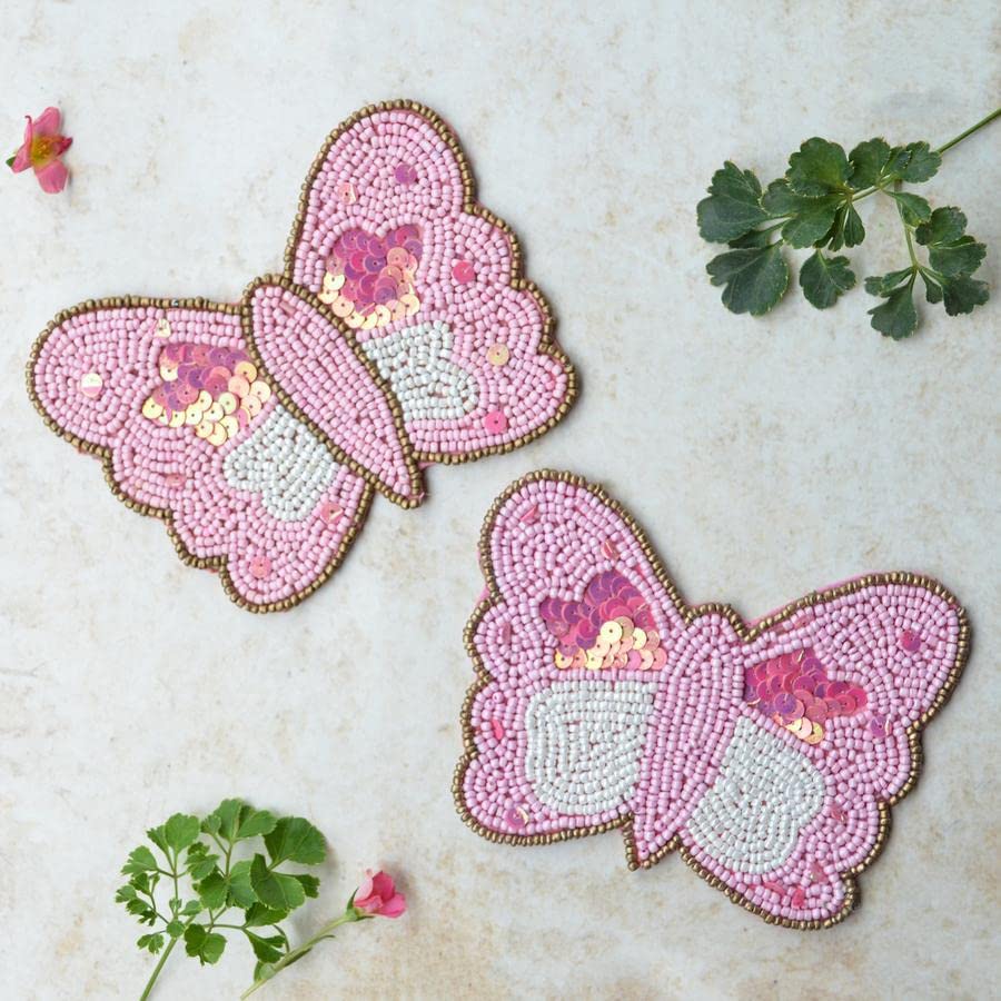 AIVIK Beaded Printed Mutlticolor Matte Finish Coasters for Cups and Dining Table | Set of 4 | Pink Butterfly Pattern-image-46