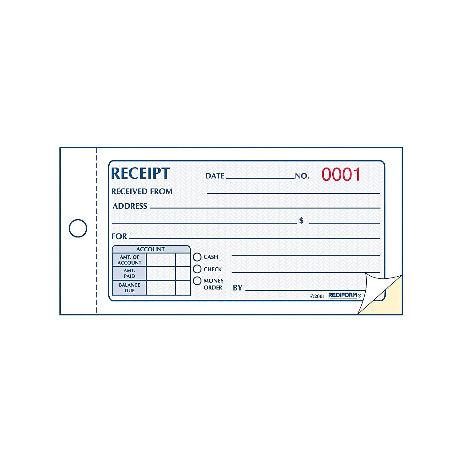 Rediform 8L820 - Cuaderno de recibos (tamaño pequeño, 5 x 2 3/4, 50 unidades, sin carbono)