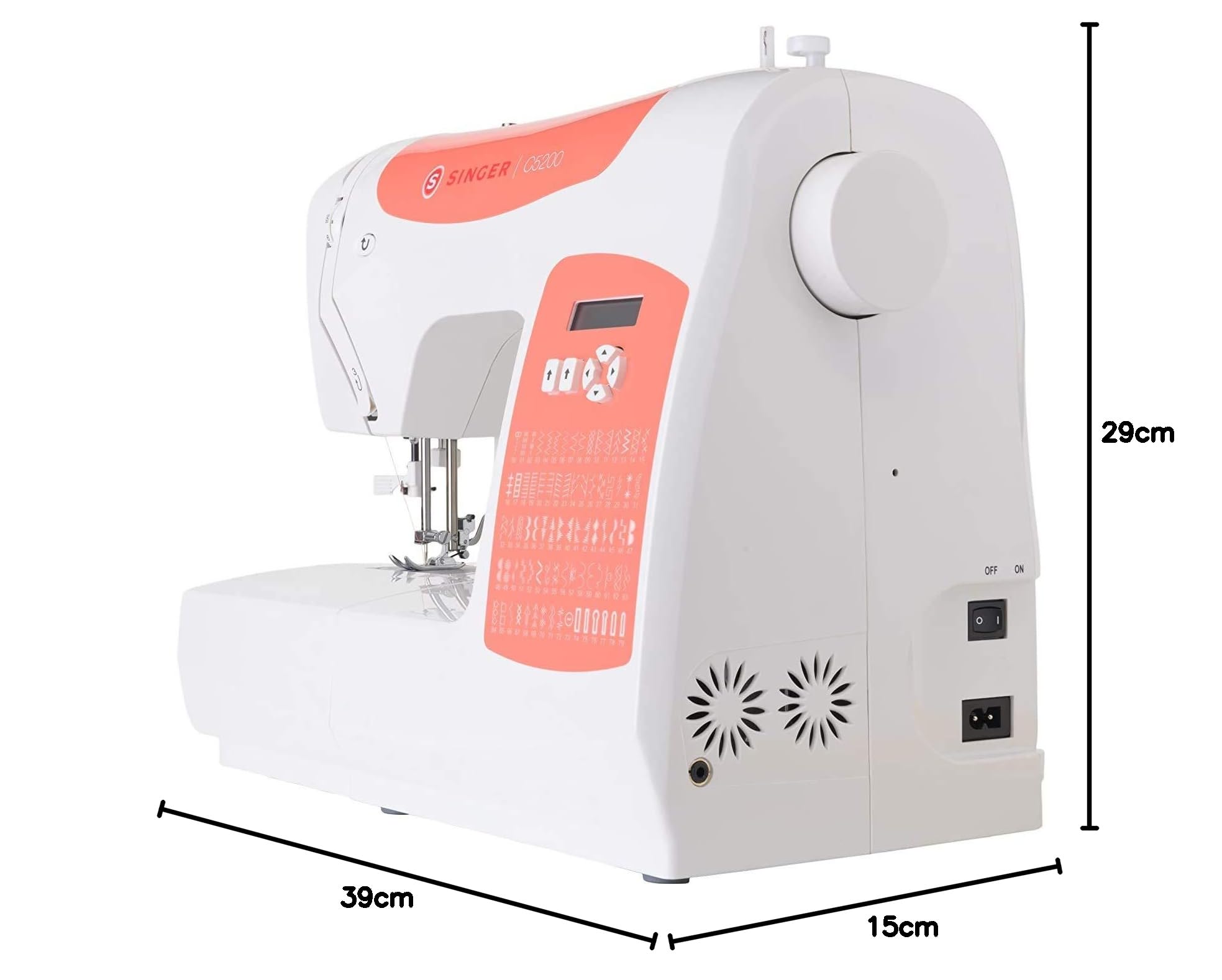 Singer Macchina per cucire C5205 LED-Light, con Display e infila ago automatico, bianca e arancio