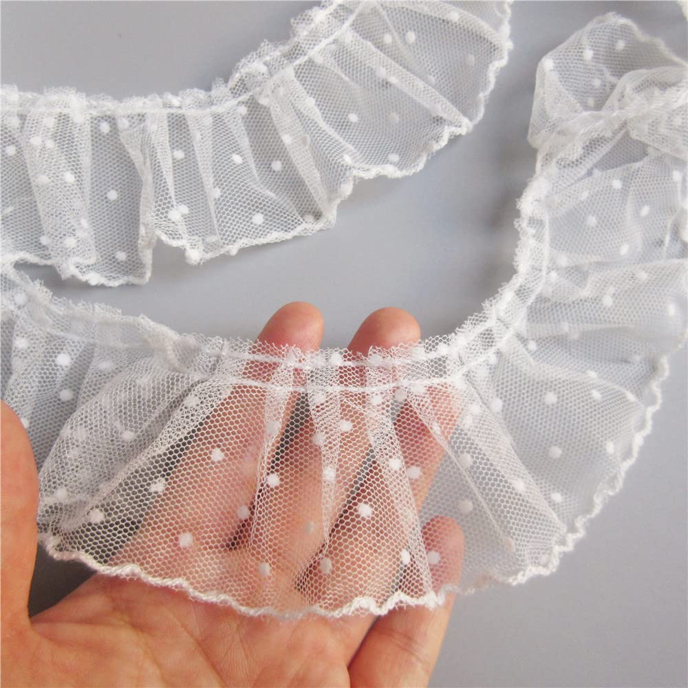 5 Meters Dot Pleated Organza Lace Edge Gathered Mesh Chiffon Trim Ribbon 6cm Width Vintage Style Edging Trimmings Fabric Embroidered Applique Sewing Craft Wedding Bridal Dress Party Home Decor (White)