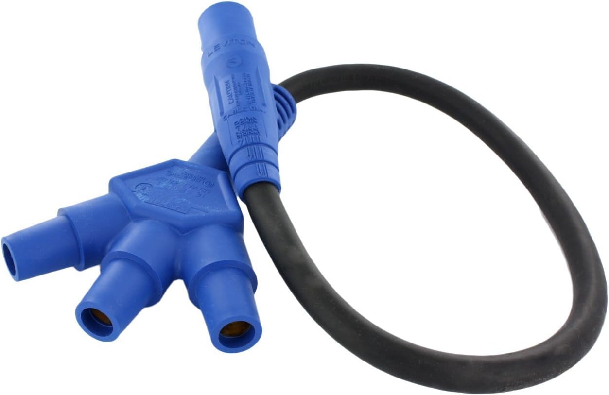 Leviton 16A33-UB 16-Series Taper Nose, Soft 3-Fer, Male plug to Female/Female/Female Tri-tap, Cam-Type connector with 24" Cable Length, Blue