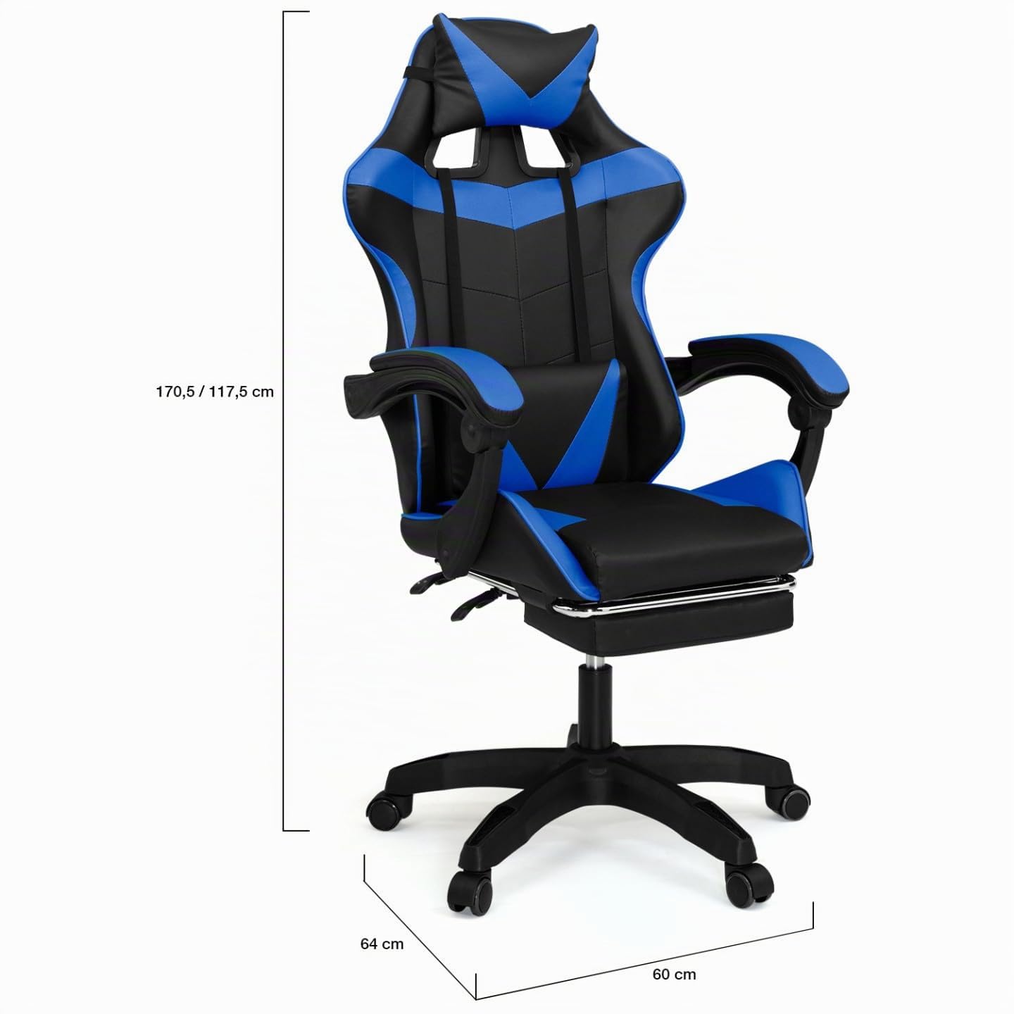IDMarket - Sedia da gioco ALEX regolabile con poggiapiedi, cuscino per la testa e cuscino lombare in nero e blu
