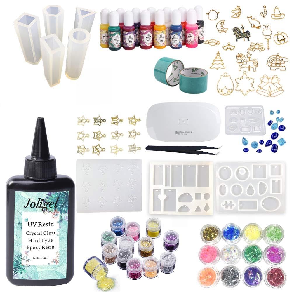 Resina epossidica UV trasparente 100ML con 9 stampi + 17 mascherine apribili + 13 coloranti pigmentati + 24 paillettes glitterati + occhielli dorati + pinzette + nastri, kit per creazione di gioielli