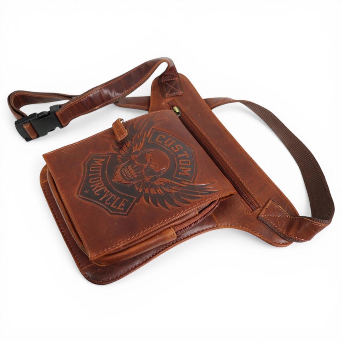 Biker Beintasche Herren Leder, Motorrad Hüfttasche Vintage, Drop Leg Bag mit Oberschenkelgurt, Custom Skull Design (Glatt Braun)