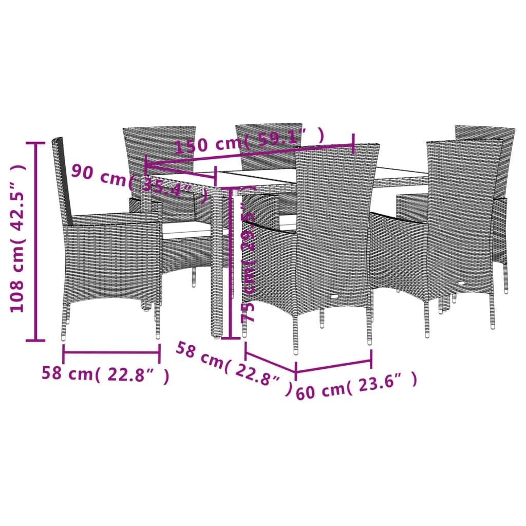 7-częściowy zestaw ogrodowy z poduszkami, beżowy polirattan, stół 150 x 90 cm, odporny na promieniowanie UV, łatwy w pielęgnacji, na taras, balkon, do jadalni na świeżym powietrzu