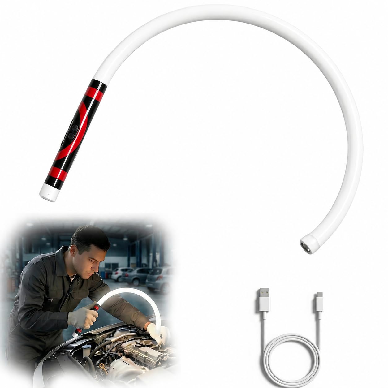 Lampe torche LED flexible, 68,6 cm rechargeable avec 3 modes de luminosité et positionnement mains libres, lumière d'inspection portable pour réparation de voiture, plomberie et utilisation en