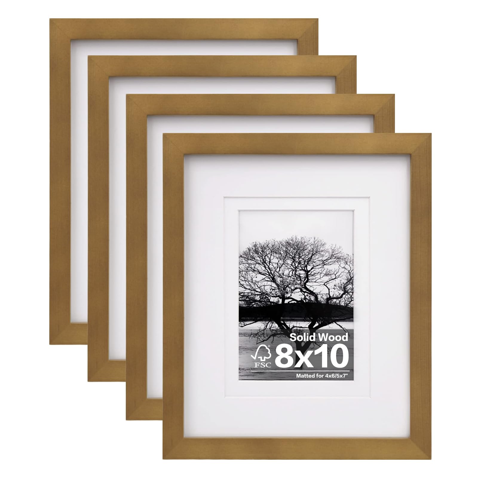 Egofine 8x10 Picture Frames 4 Pack, for Pictures 4x6 or 5x7 with Mat Made of Solid Wood Covered by Plexiglass for Table Top Display and Wall Mounting Photo Frames, Light Brown