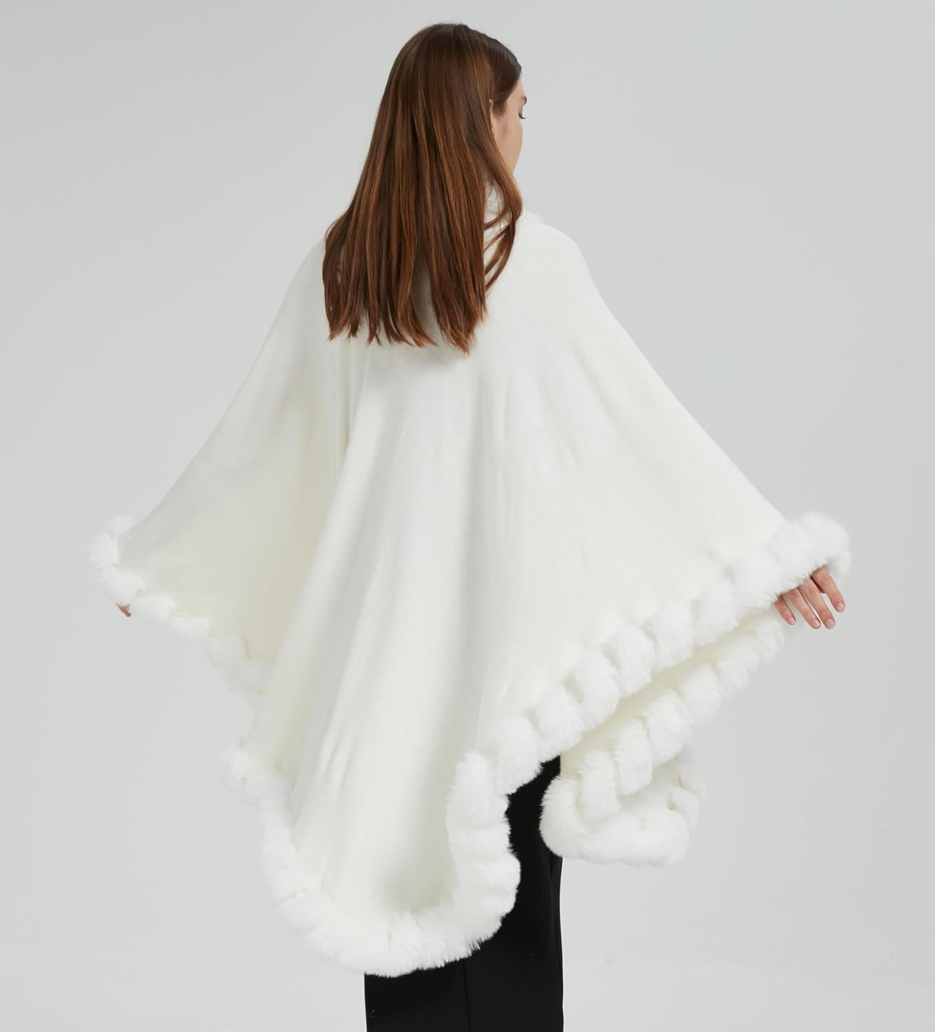 Faux Fox Fur Trim Cardigan Cloak Shawl Wraps Winter Poncho Oversized Cape - Image 6