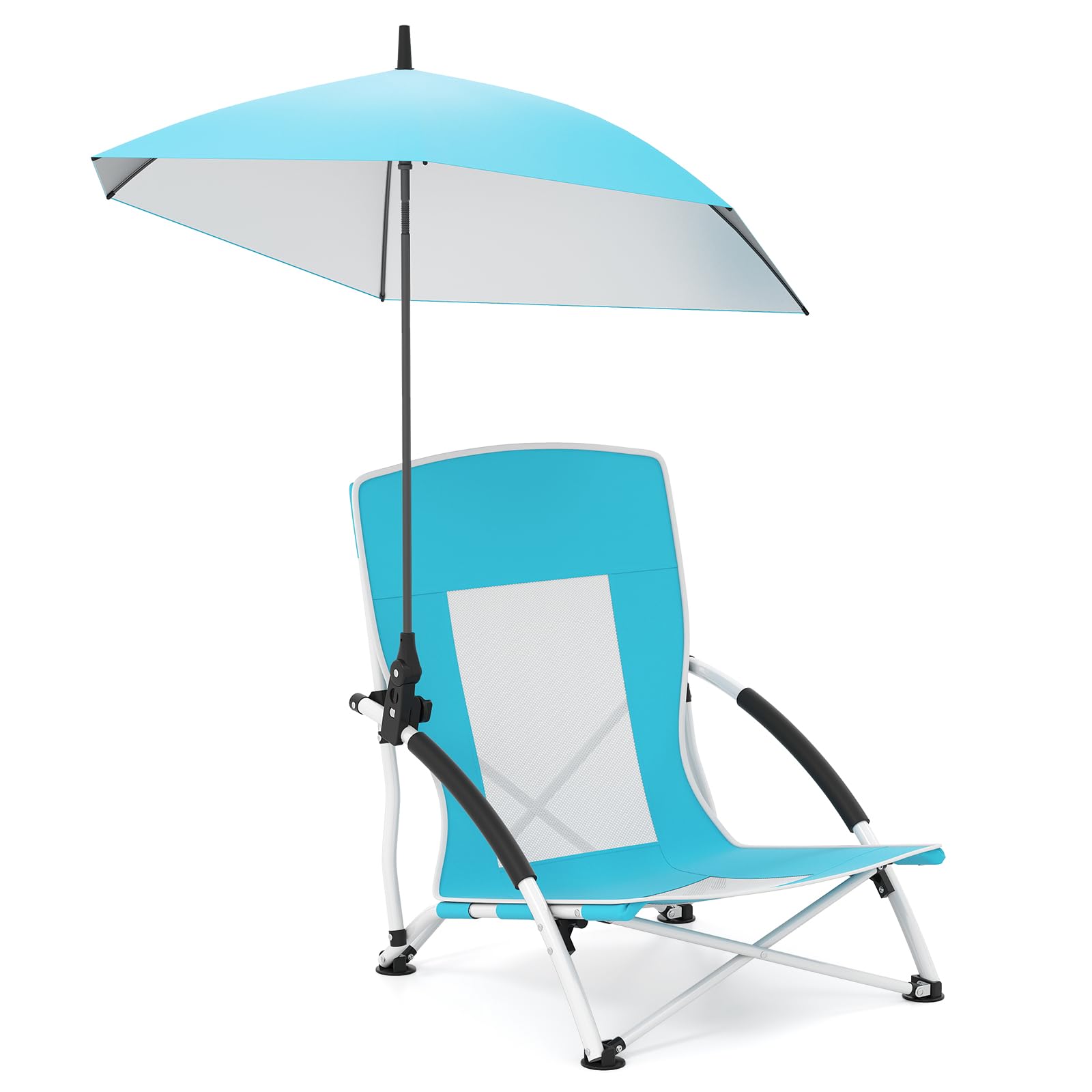 COSTWAY Beach Umbrella Chair for Adults, Foldable Low Seat Camping Chair with Adjustable Parasol, Universal Umbrella Clamp and Armrest, Portable Outdoor Backpack Chairs (1, Blue)