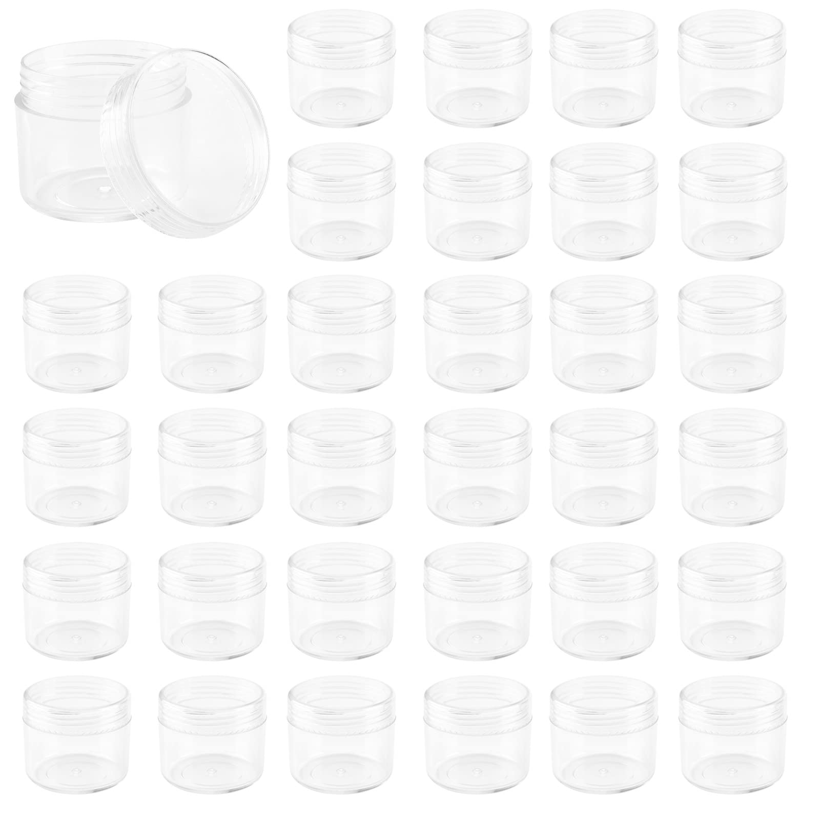 Photo 1 of ZEONHEI 60 Pack 20 Grams / 20 ML Clear Plastic Sample Containers, Empty Sample Jars Cosmetic Containers with Lids, Round Plastic Pot Jars for Creams, Eye Shadow, Body Scrub, Lip Balm, Beads