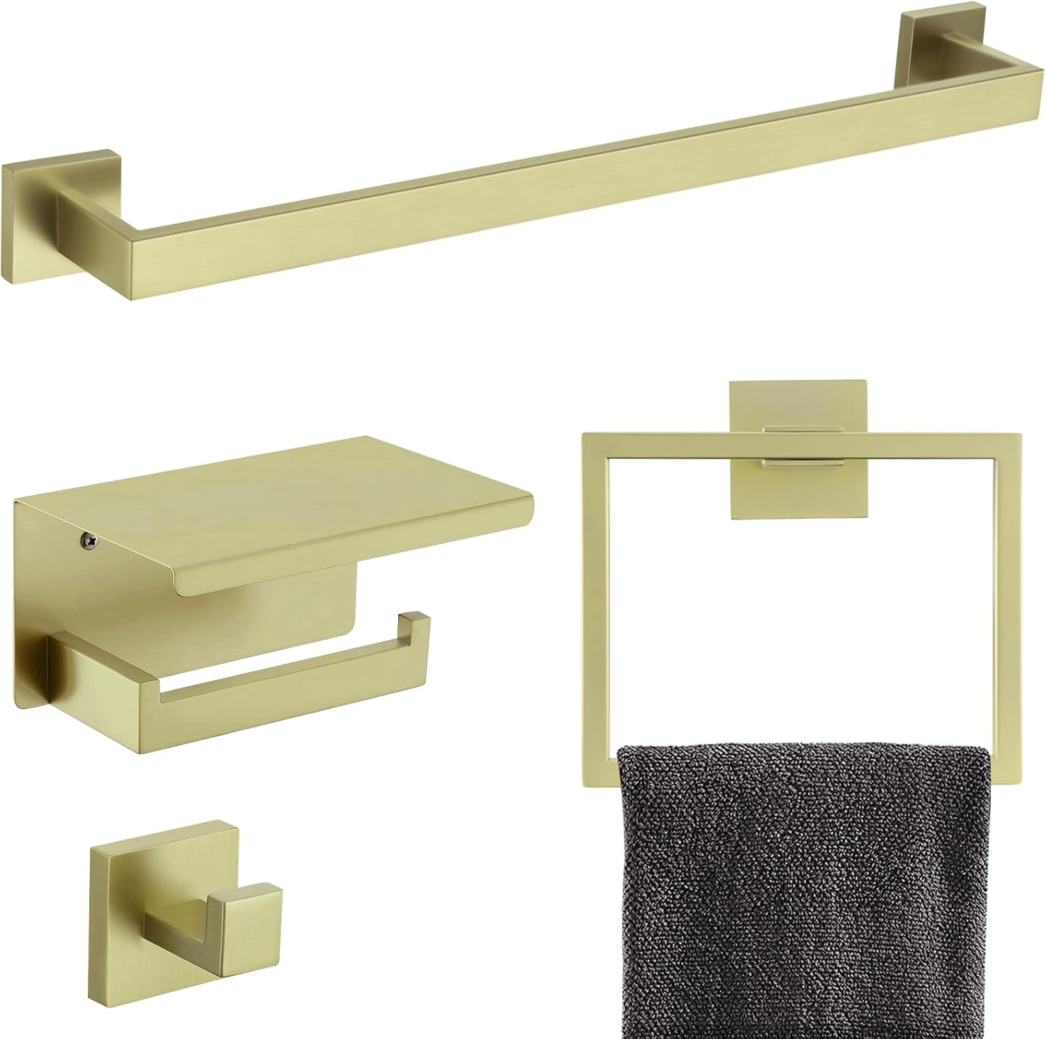 TQKAG Brushed Gold Bathroom Hardware Set Stainless Steel 4-Piece Bathroom Towel Bar Holder Sets Wall Mounted Towel Bar Towel Ring Robe Towel Hooks Toilet Paper Holder Bathroom Towel Rack Set Brusehd Light Gold 4-Pieces Set-B