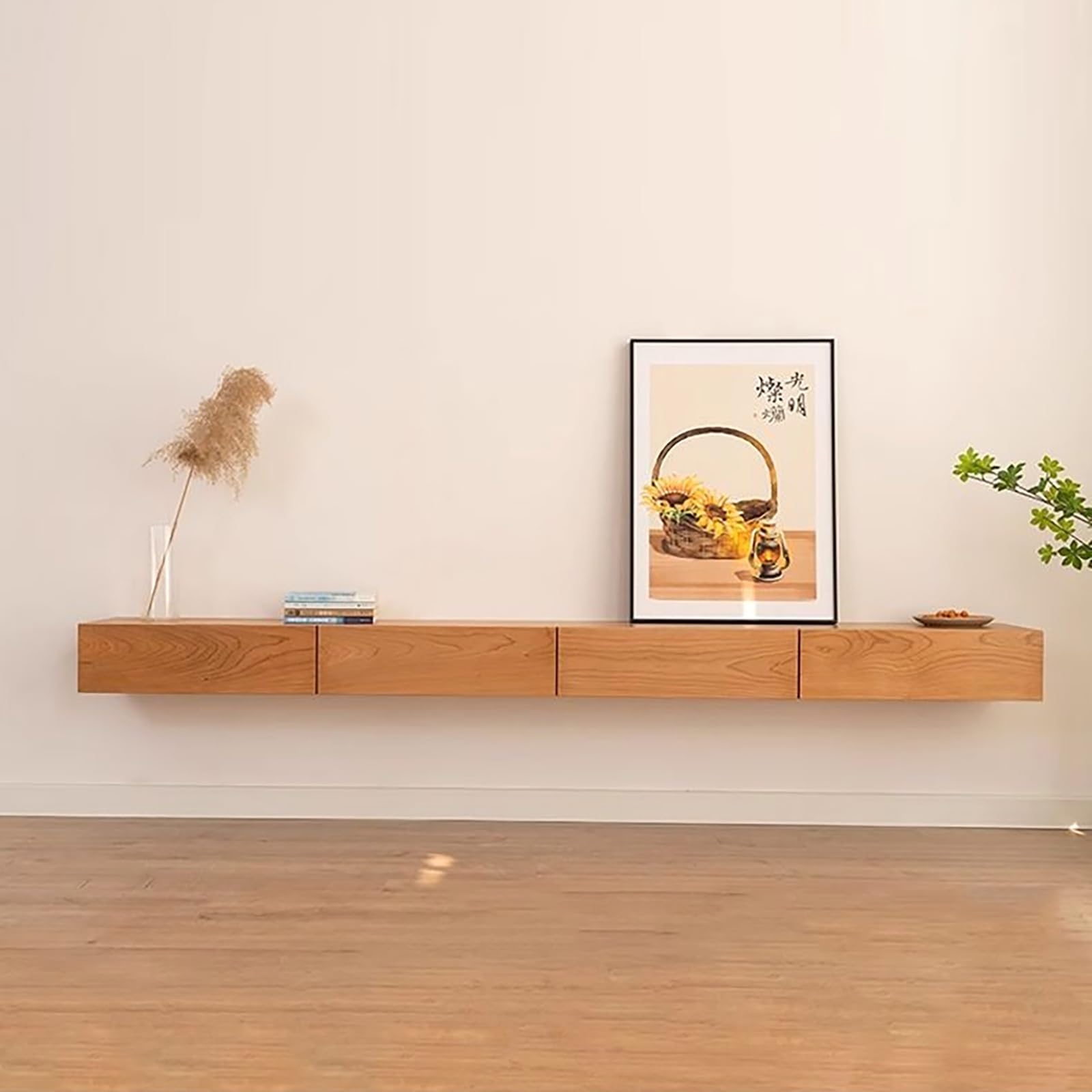 Mobile TV Sospeso, Console Multimediale In Legno Con Ante A Ribalta E Cassetti, Mobile Porta TV A Parete, Console Multimediale Per Lettore DVD, Decoder, Console Per Videogiochi(Natural,200x24x20cm)