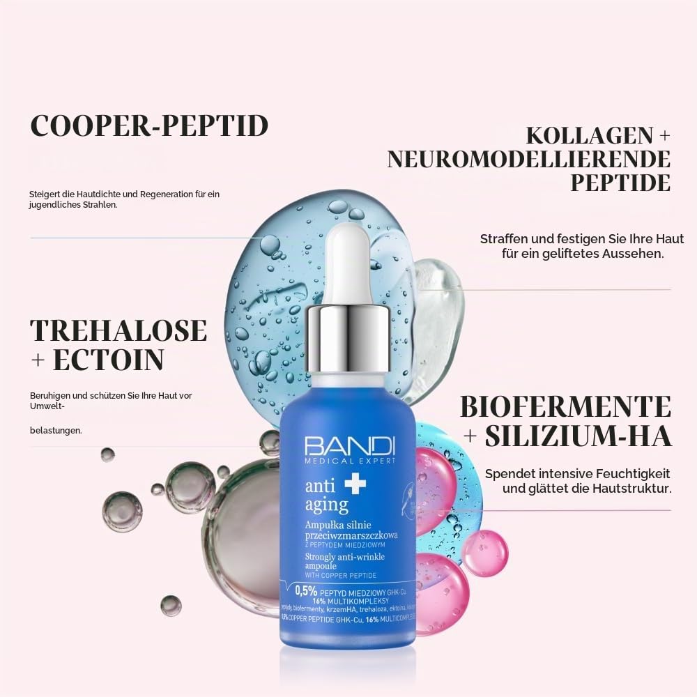 Bandi - Anti-Aging Ampulle mit Kupferpeptid für Faltenreduzierung, Hautverjüngung, straffende Pflege - Eiweiß, Trehalose für optimale Feuchtigkeit, Hautregeneration.