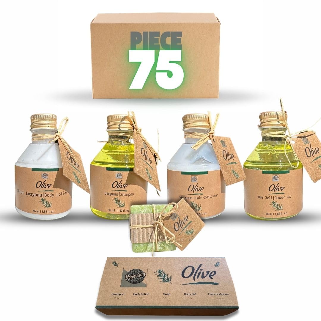 Olive Guest Toiletries Set, 15 Complete Sets with Shampoo, Conditioner, Shower Gel, Lotion and Soap, 45ml/1.52oz Each, Travel Size Toiletries (75 Piece)