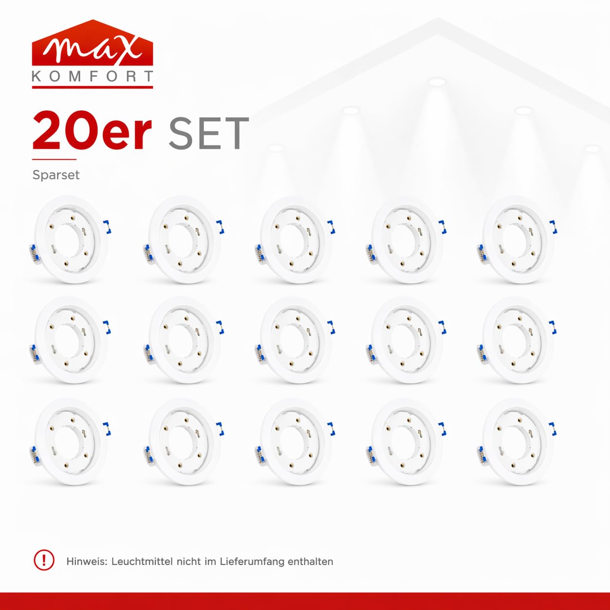Maxkomfort 20er Set LED Einbaustrahler GX53 Fassung Weiß - Max 13W Einbauleuchte Deckenstrahler Ø90mm Bohrloch 35mm Flache Einbautiefe - Metall Deckenspot Einbauspot für Wohnzimmer Hausbau - GX61-WH